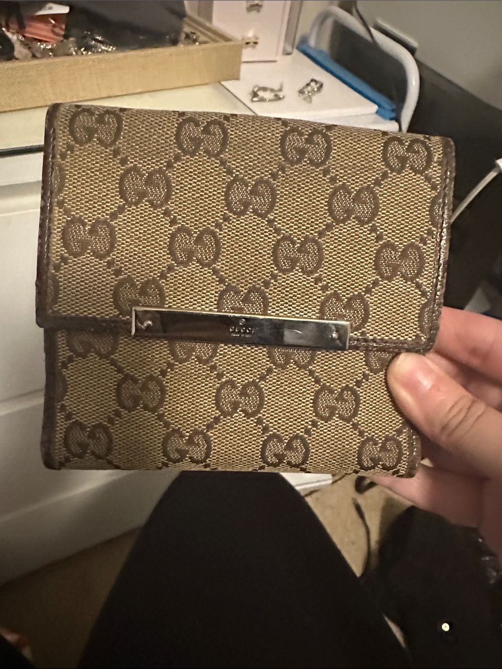 Gucci Brown/Tan GG Canvas Bi-Fold Wallet with Metal Plaque